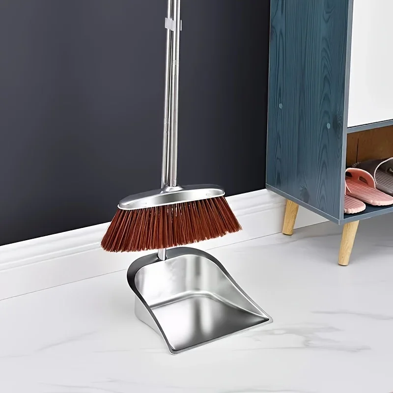 Two Piece Dustpan Garbage Shovel Combination Broom Stainless Steel Set with Angle for Cleaning Corners, Simple Metal Broom Set