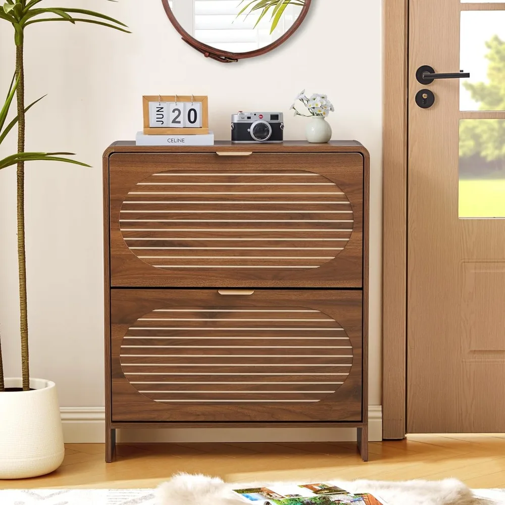 منتج عالي الجودة خزانة تخزين الأحذية الضيقة للمدخل مع درجين قابلين للطي، خزانة أحذية خشبية قائمة بذاتها مع شريط مقوس P #3