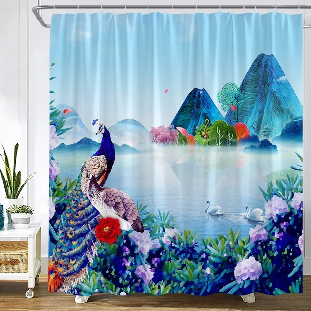 Peacocks Shower Curtain Green Bamboo Leaves Blue Feather Bird Brown Wooden Board Chinese Style Scenery Fabric Bathroom Decor Set