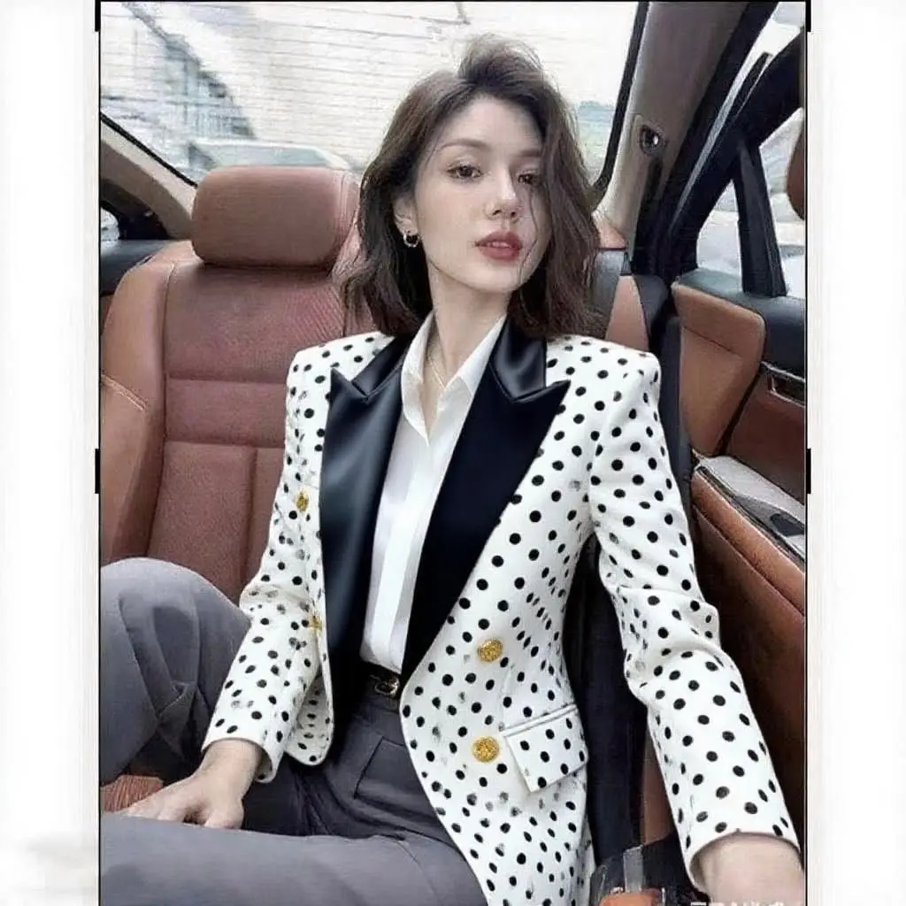 Women Suit Jacket French Design Slim Fit Elegant Office Lady Black Polka Dot Blazers Double-breasted Notched Retro Temperament