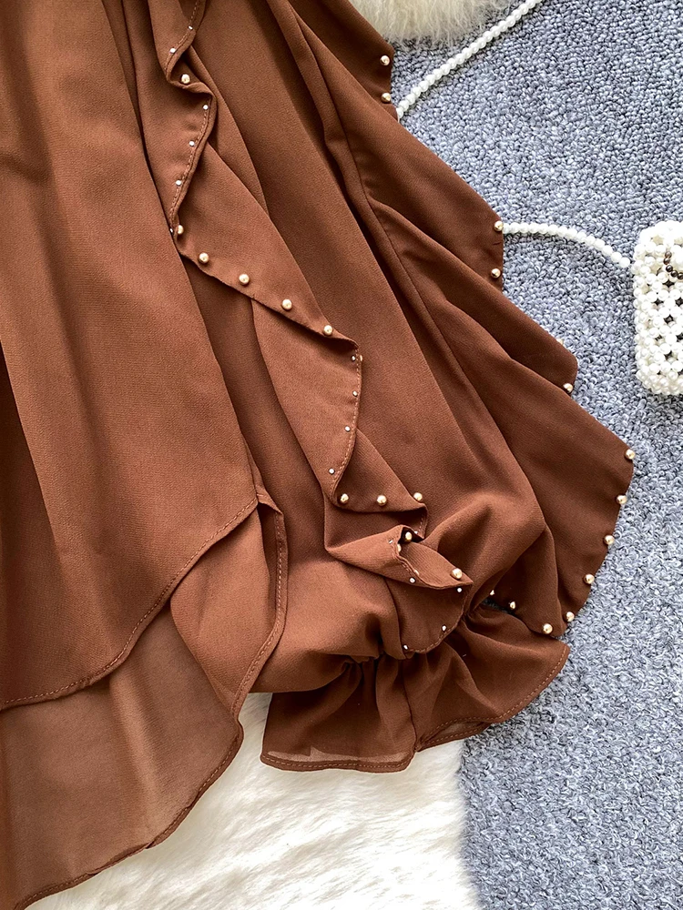 Blusa fina francesa de primavera y otoño para mujer, camisa de gasa con manga acampanada empalmada con volantes y cuentas de alta resistencia, Jersey holgado, Top BL300