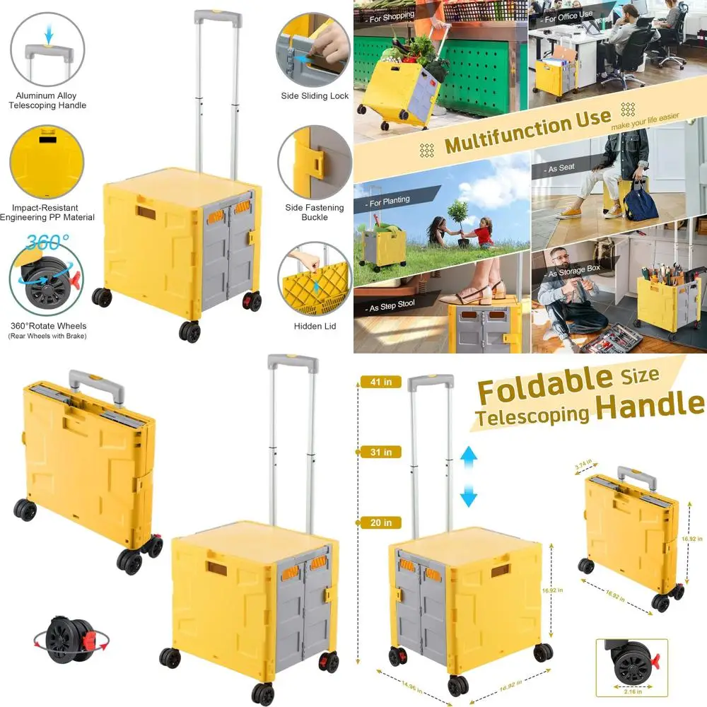 

Портативная складная универсальная тележка с телескопической ручкой, прочным пластиком, складной крышкой и 4-колесным мобильством для различных случаев (