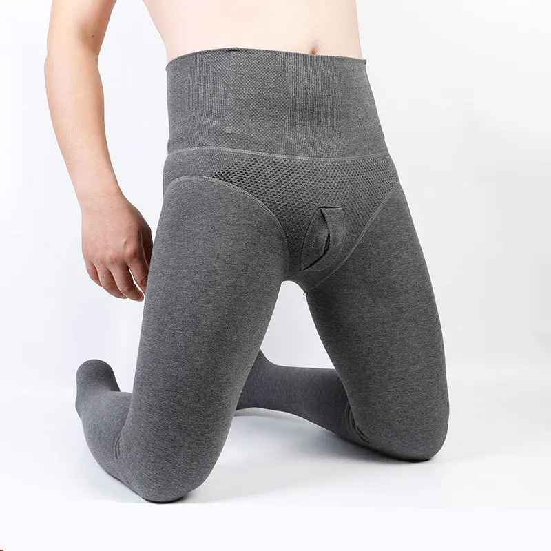 Mens Stockings Winter Fleece Thickened Thermal Leggings High Waist Open Pouch Pantyhose High Elastic Jogging Long Lohns