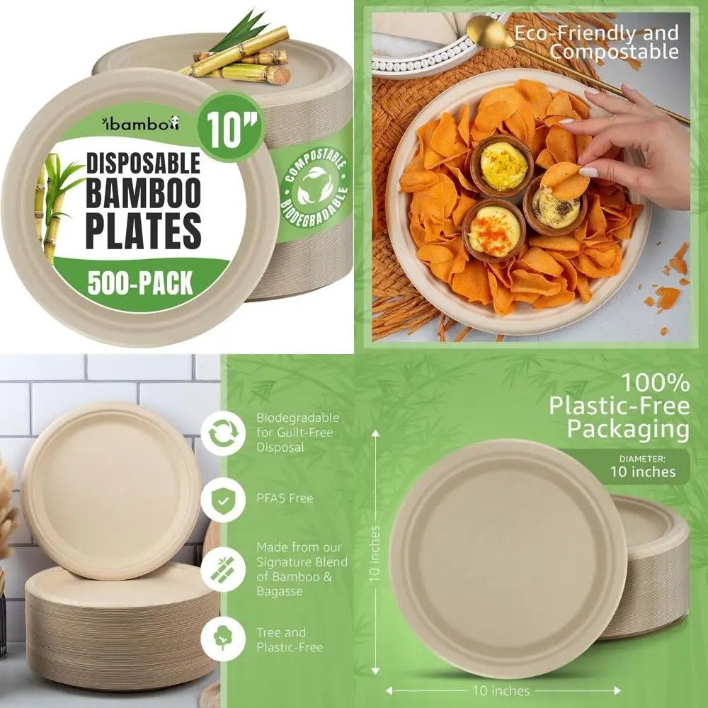 

Heavy-Duty Microwave Safe Bamboo Plates Set - 500 Pack, 10-Inch Disposable Plates, PFAS Free for Eco-Friendly Dining