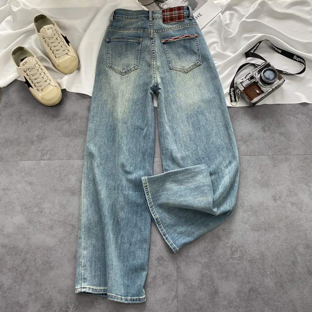 

Голубые джинсовые широкие брюки, женские прямые свободные джинсы большого размера, тонкие брюки полной длины в клетку контрастного цвета, уличная одежда