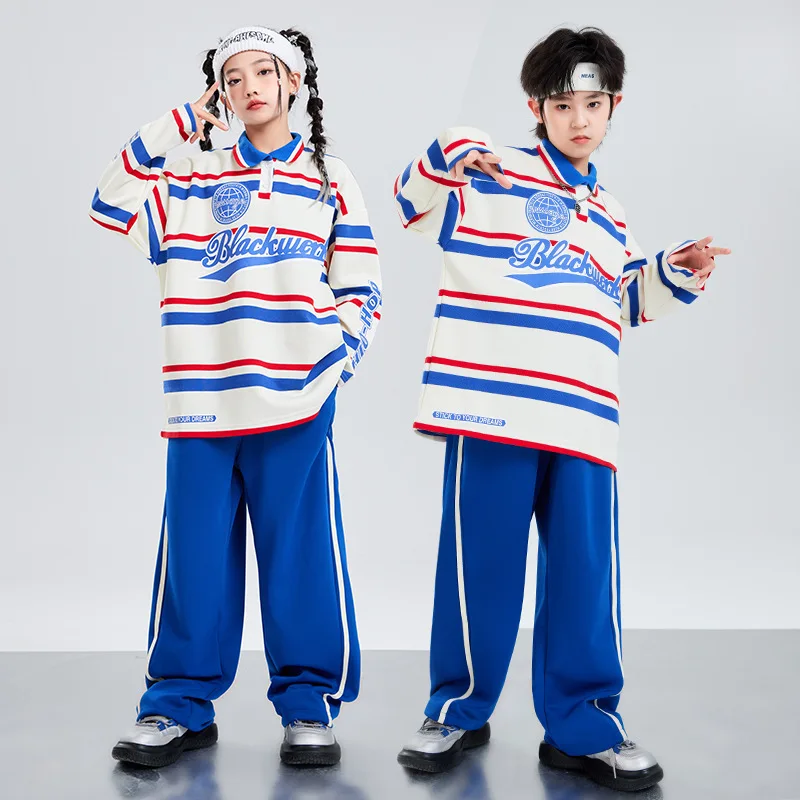 

Kids Hip Hop Clothing Long Sleeve Striped Sport Tops Joggers Pants Girls Boys Streetwear Jazz Dance Costumes Children Tracksuit