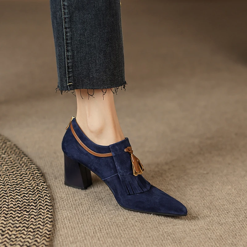 2023 Spring Women Shoes Pointed Toe Chunky Heel Women Pumps Sheep Suede High Heels Belt Buckle Shoes for Women zapatos de mujer