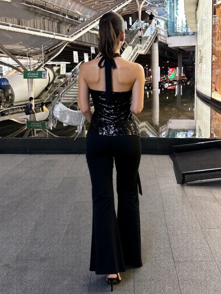 여성용 토시 섹시 스팽글 롱 점프수트, 브이넥 백리스 슬리브리스 하이웨이스트 스트리트웨어 바디수트 바디콘 플레이수트 점프수트