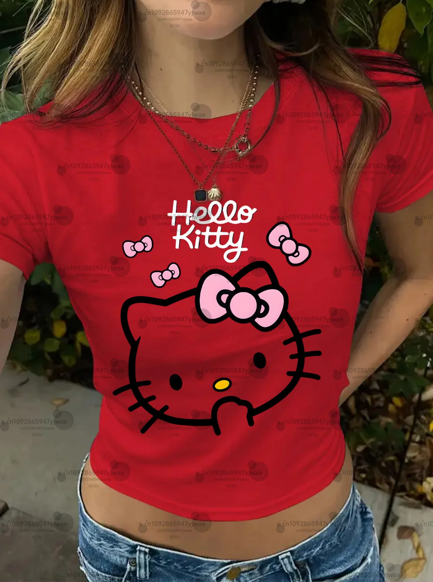 

women's cropped HELLO KITTY Casual Blouset cropped Short Sleeve O-Neck T Shirt Female Women Round Neck Casual Short Tops Tee