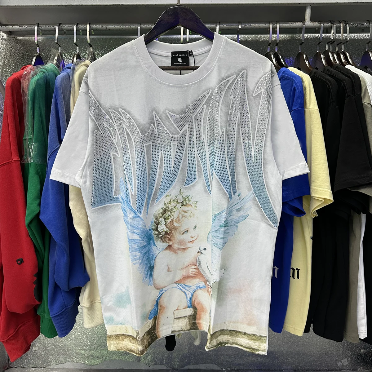 

Rhinestone Angel Dove Pure Cotton Mens Short Sleeve Tshirts Streetwear Crew Neck Loose Casual Summer Tees Oversized Baggy Top