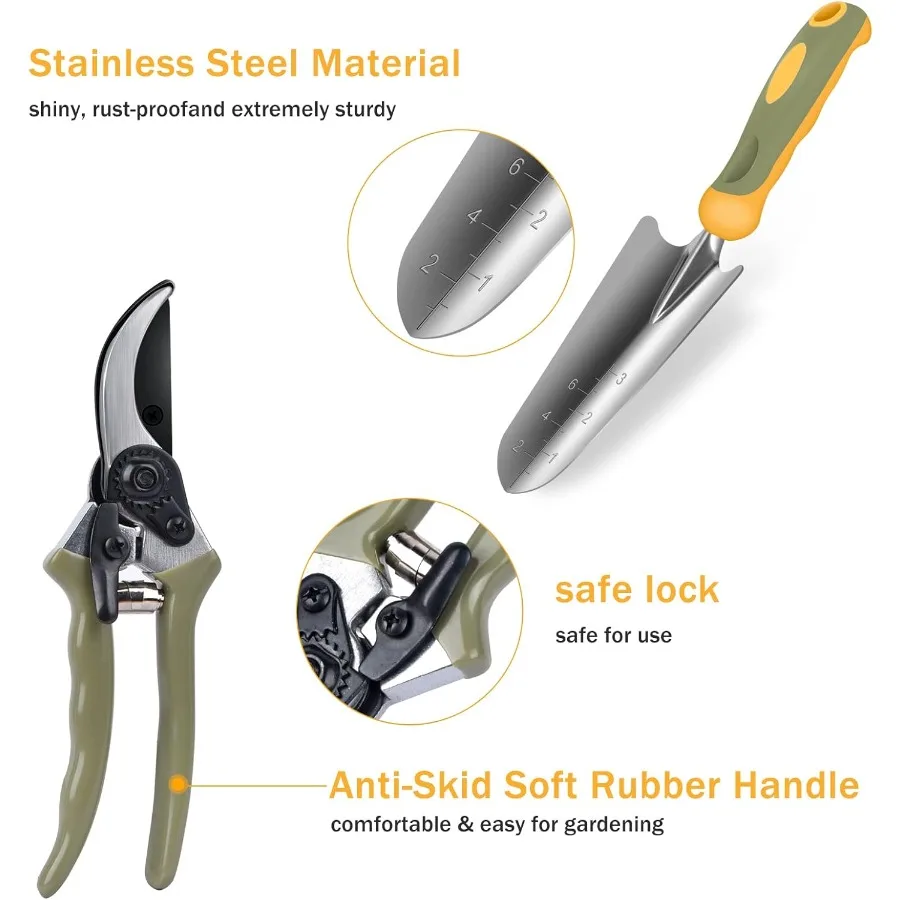 ชุดเครื่องมือทำสวนสแตนเลส 9 ชิ้น ทนทาน พร้อมด้ามจับตามหลักสรีรศาสตร์และกระเป๋าเก็บของที่ทนทาน เหมาะสำหรับงานกลางแจ้ง