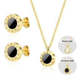 2Pcs Luxury Classic Roman Numeral Stainless Steel Earrings Necklace Black White Shell Pendant Jewelry Sets For Women Gifts