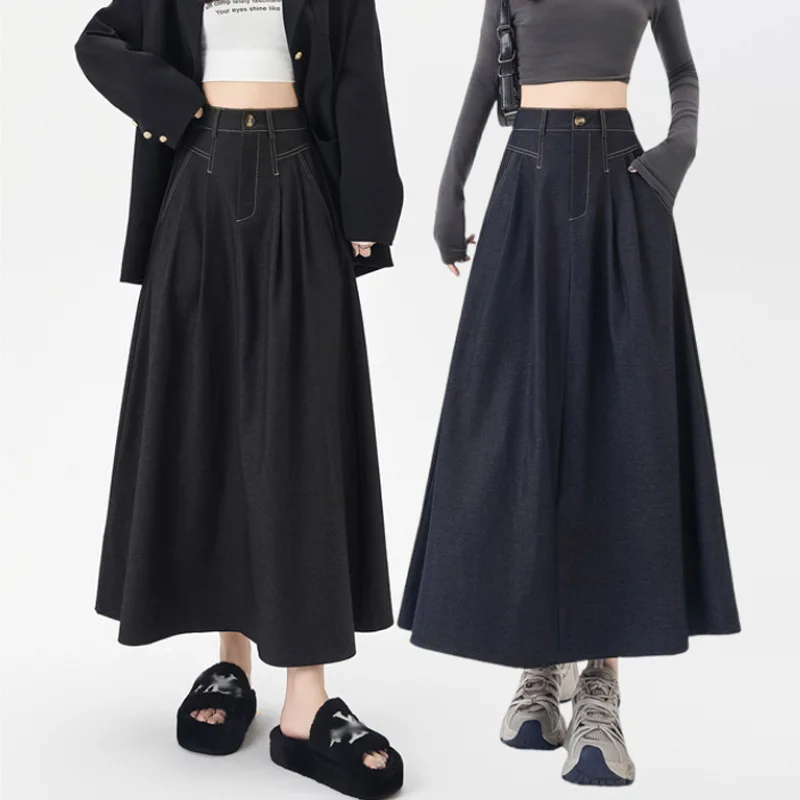 

All kinds of senior sense retro imitation denim skirt women's 2025 autumn new thin big place cover crotch thin umbrella skirt