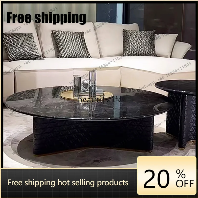 Customizable Natural Marble Coffee Table Round Table Italian Simple Light Luxury Leather Embroidery Living Room Designer Tea Tab