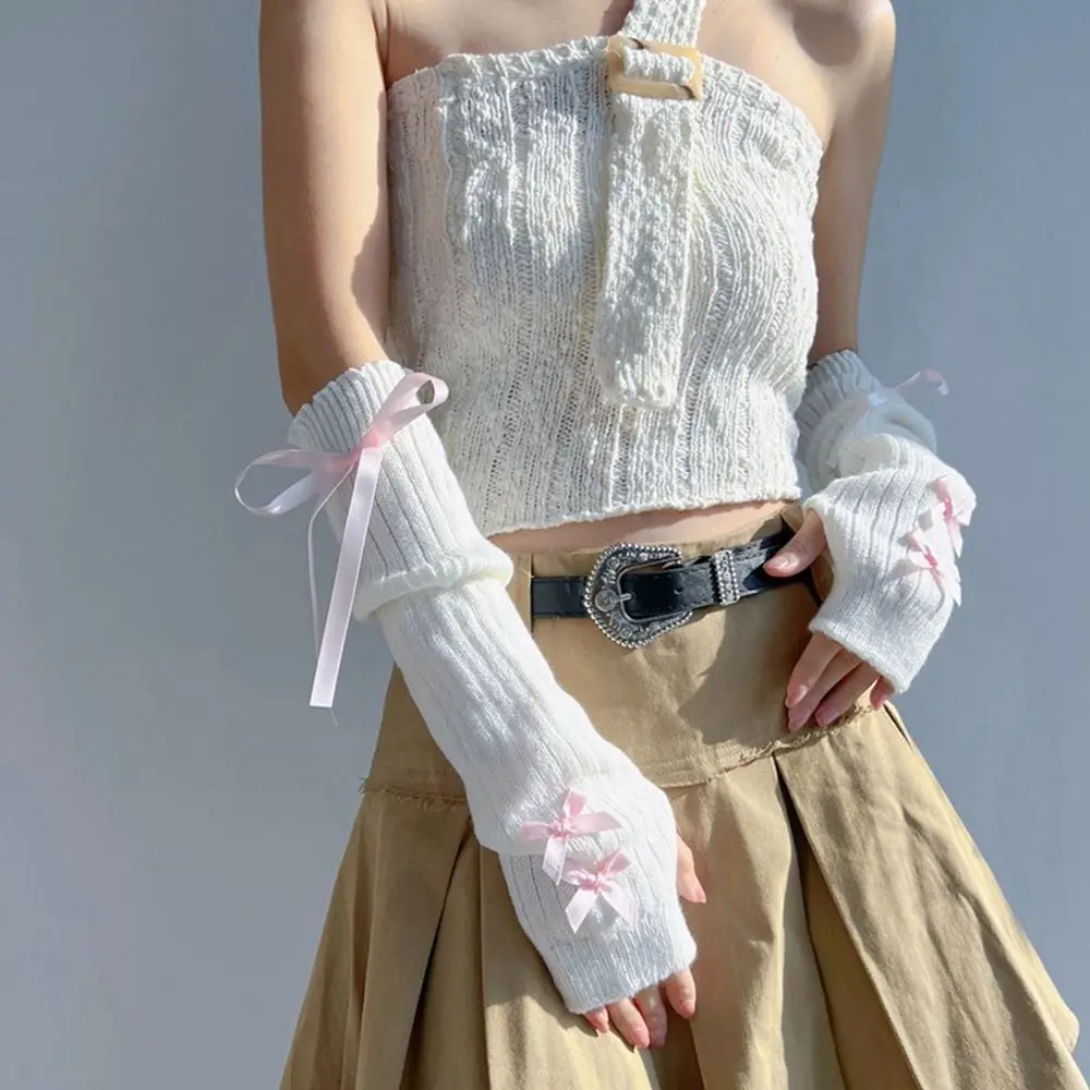 Elastico Y2K maniche calde nastro bowknot stile balletto scaldamuscoli lavorati a maglia con fiocco guanti lunghi dolci guanti senza dita