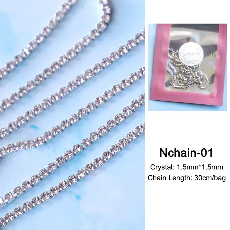 30cm Lange Luxus-Kristallketten-Nagelcharms 1,5/2mm Glänzende Klare/AB Diamant-Perlen Nagelkunst Metall-Stahl Französische Nagel-Maniküre-Teile – Detail 6