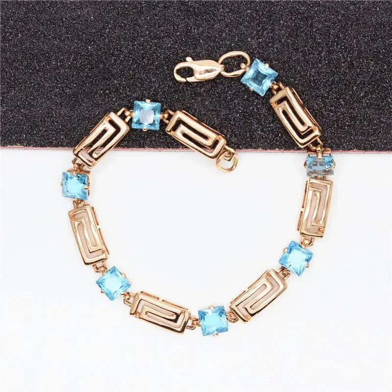 Original 585 Purple Gold Bracelet for Women Plated 14K Rose Gold Inlaid Blue Gem Square Fashion Bangles Charm Jewelry