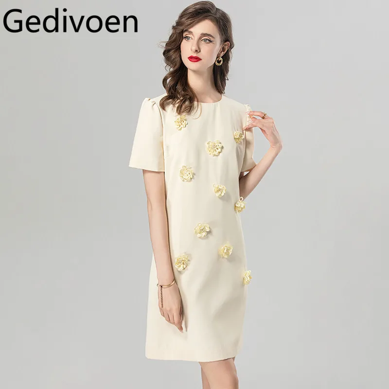 

Gedivoen Summer Fashion Runway Designer Dresses Women's Temperament Vintage Solid Color Flowers Appliques Tunics Stylish Dresses