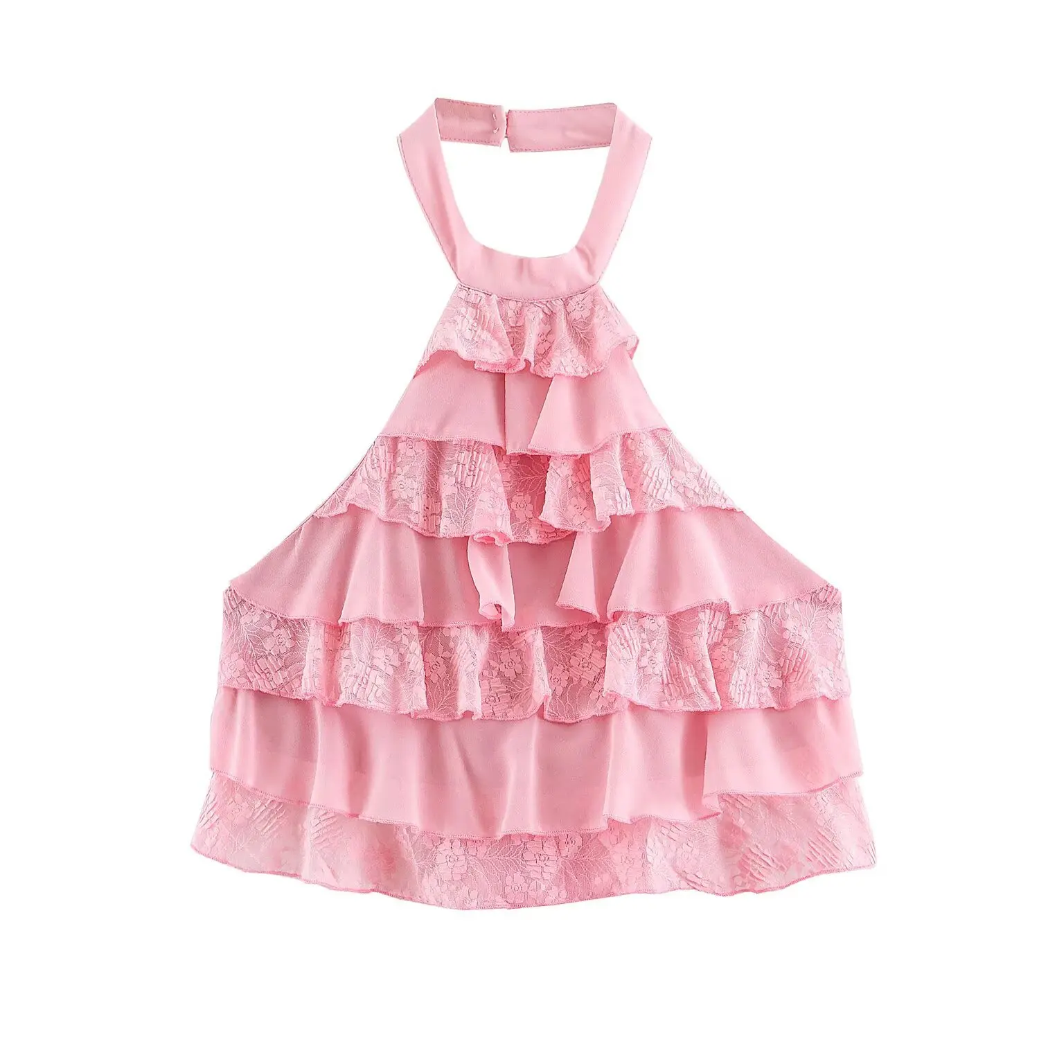 Maxdutti Women's New Autumn 2026 Sweet Girl Style Patchwork Lace Layered Ruffle Edge Hanging Neck Top