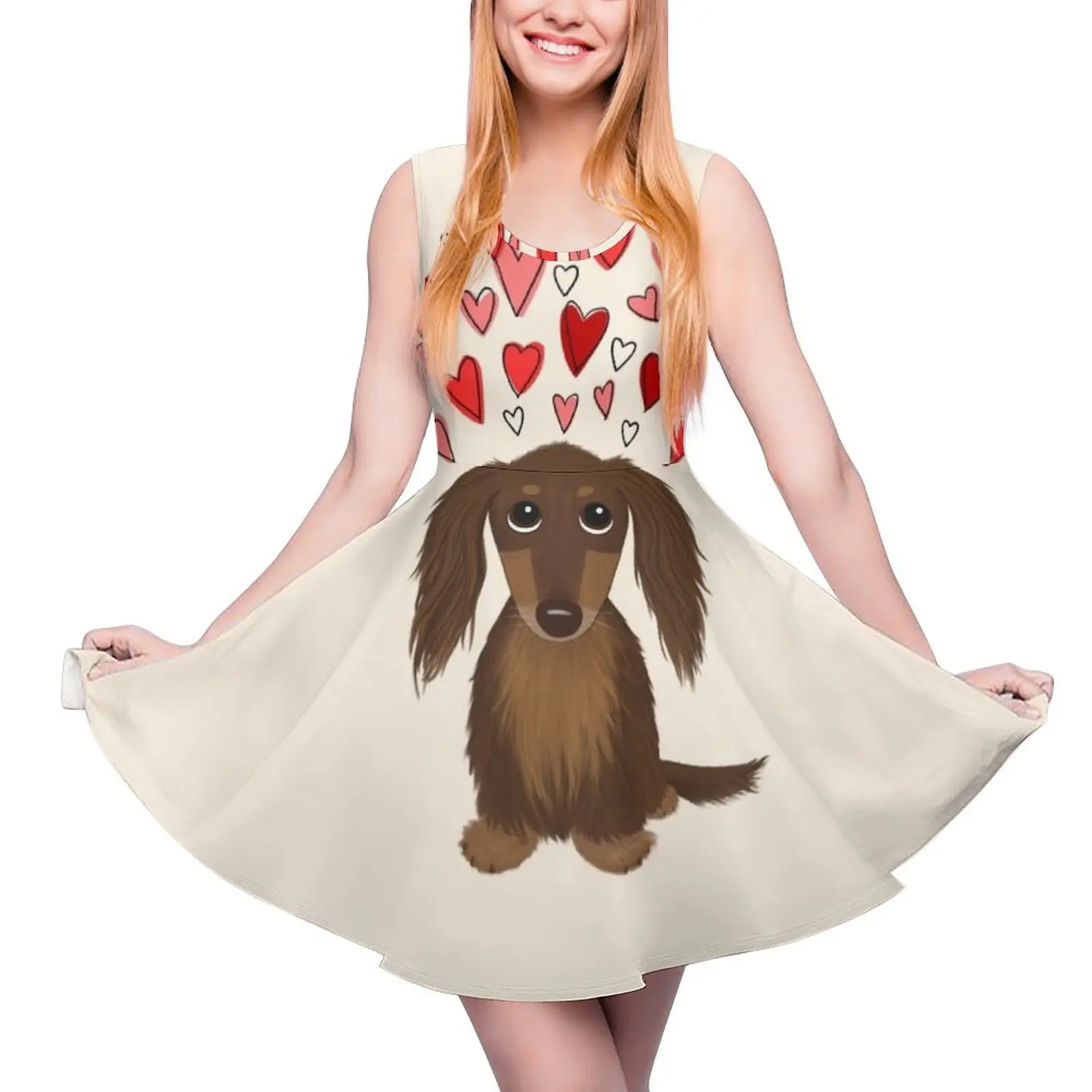 

Hearts Dog Longhaired Chocolate Dachshund Cartoon Dog with Valentine Hearts Sleeveless Dress luxury dress