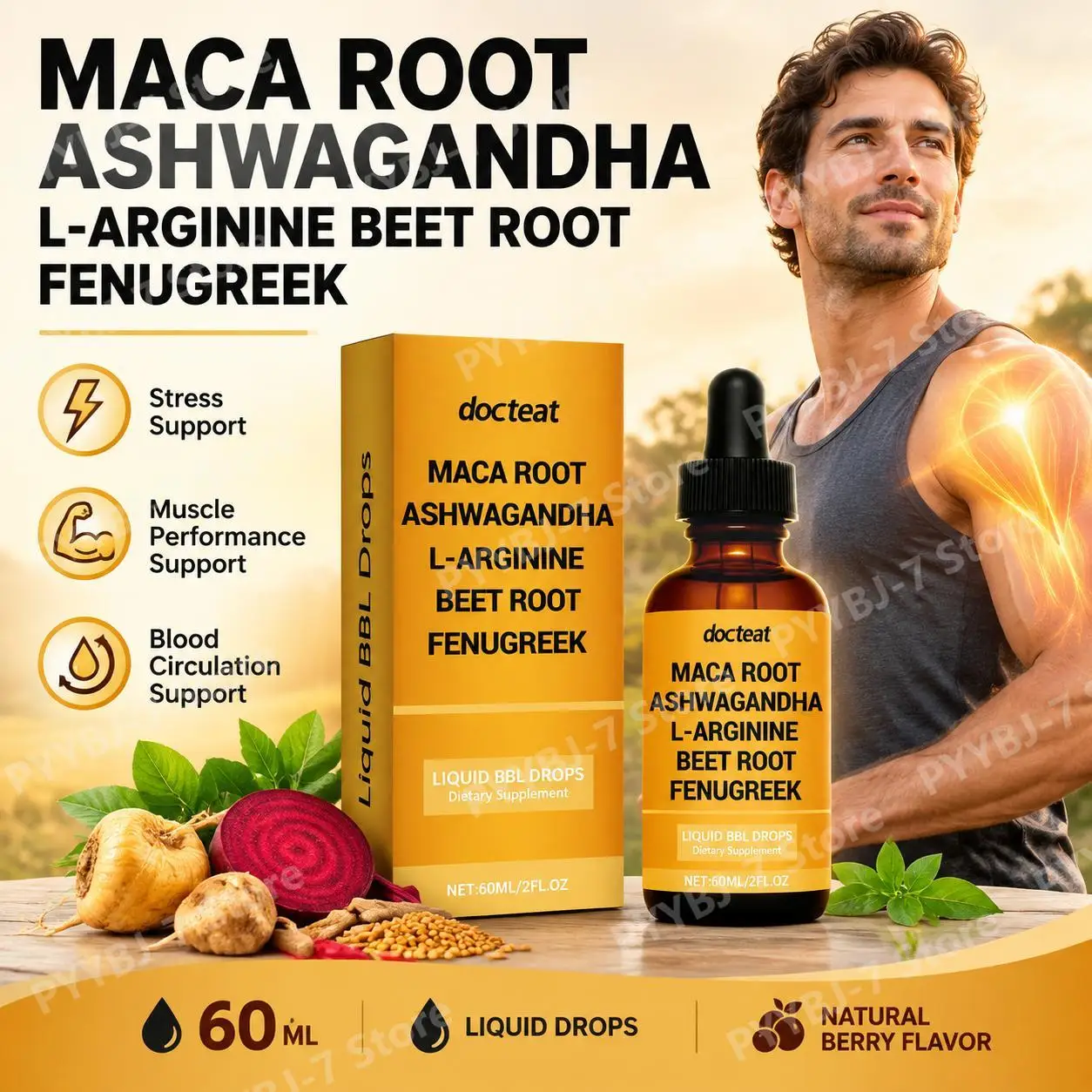 BBL Liquid Drops Ease Stress Extends Exercise Endurance, Maca Ashwagandha L-Arginine Formula, Enhance Blood Circulation 60 ML