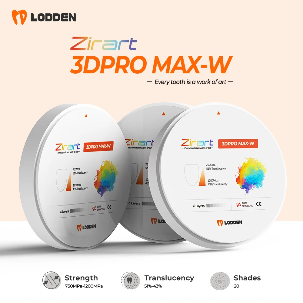 

LODDEN 3D PRO MAX-W White Zirconia Dental Materiales 5 Layers Blocks 98mm (10mm-25mm) for CAM CAD Without Coloring Liquid