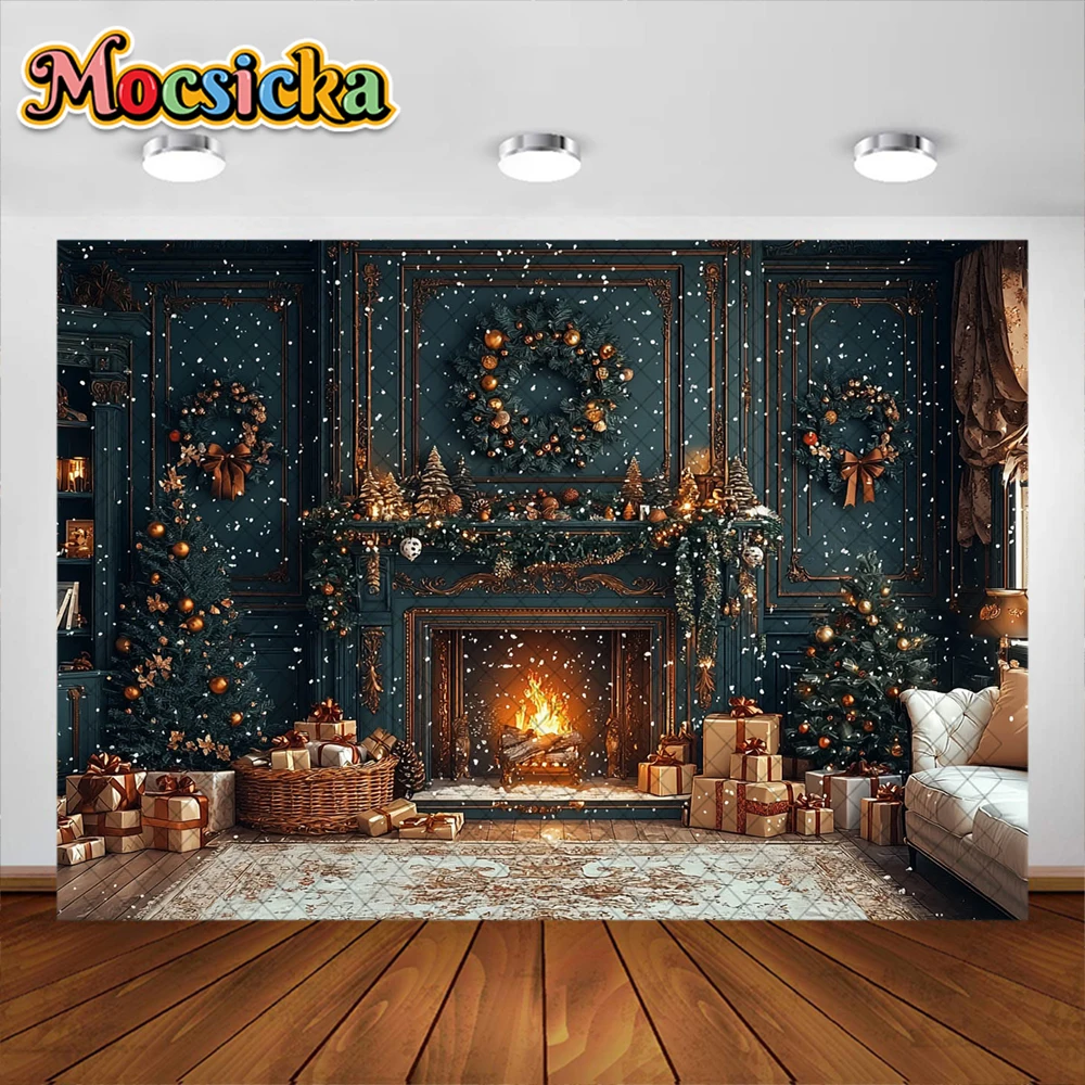 ฤดูหนาวคริสต์มาสการถ่ายภาพพื้นหลังXmas RoomเตาผิงGarlandของขวัญตกแต่งวันหยุดผู้ใหญ่เด็กPortrait Photo Studio Prop
