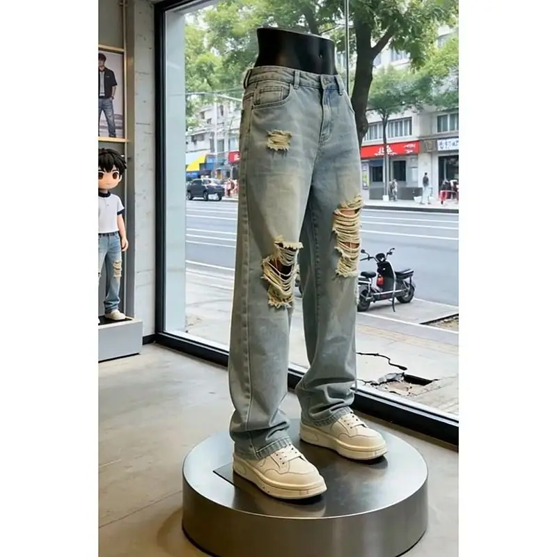 Blue Washed Hole Jeans Men's Summer Thin Straight Leg Bell Bottoms Slimming High Waist Denim Pants Casual Straight Tube Pants