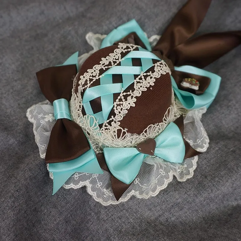 수제 로리타 민트 초콜릿 작은 모자 귀여운 KC 우아한 헤드 피스 여성 레이스 보우 헤어 액세서리 달콤한 로리타 소녀 악세사리