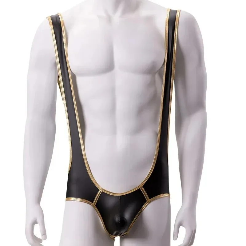 Sexy Men's Undershirts Wrestling Leotards Singlet Jumpsuit Youth Erotic Pu Leather Bodywear Gay Porn Lingerie Jockstrap Bodysuit
