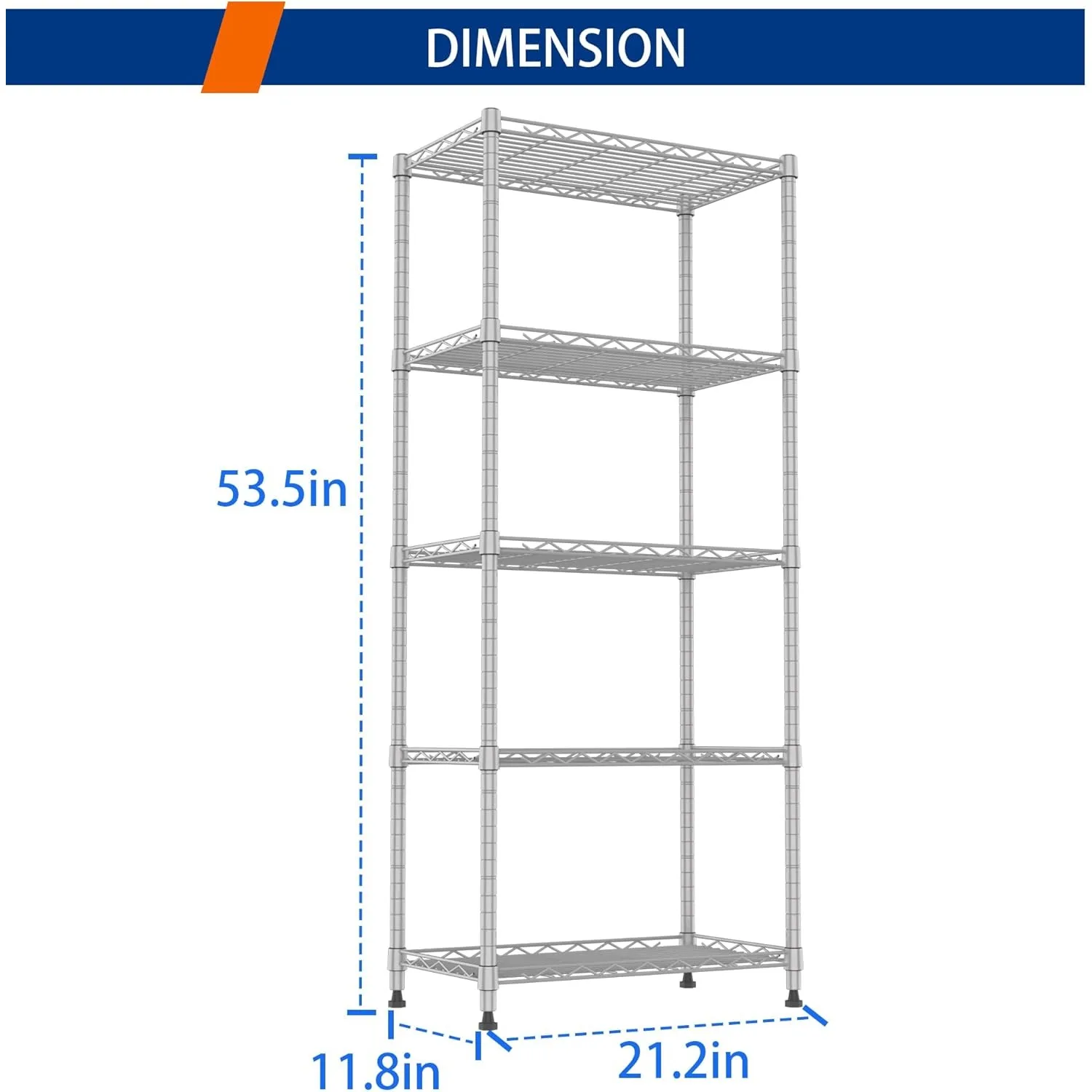 5-Wire Shelving Metal Storage Rack Adjustable Shelves,Standing Storage Shelf Units(Silver,11.8" D x 21.2" W x 53.5" H)