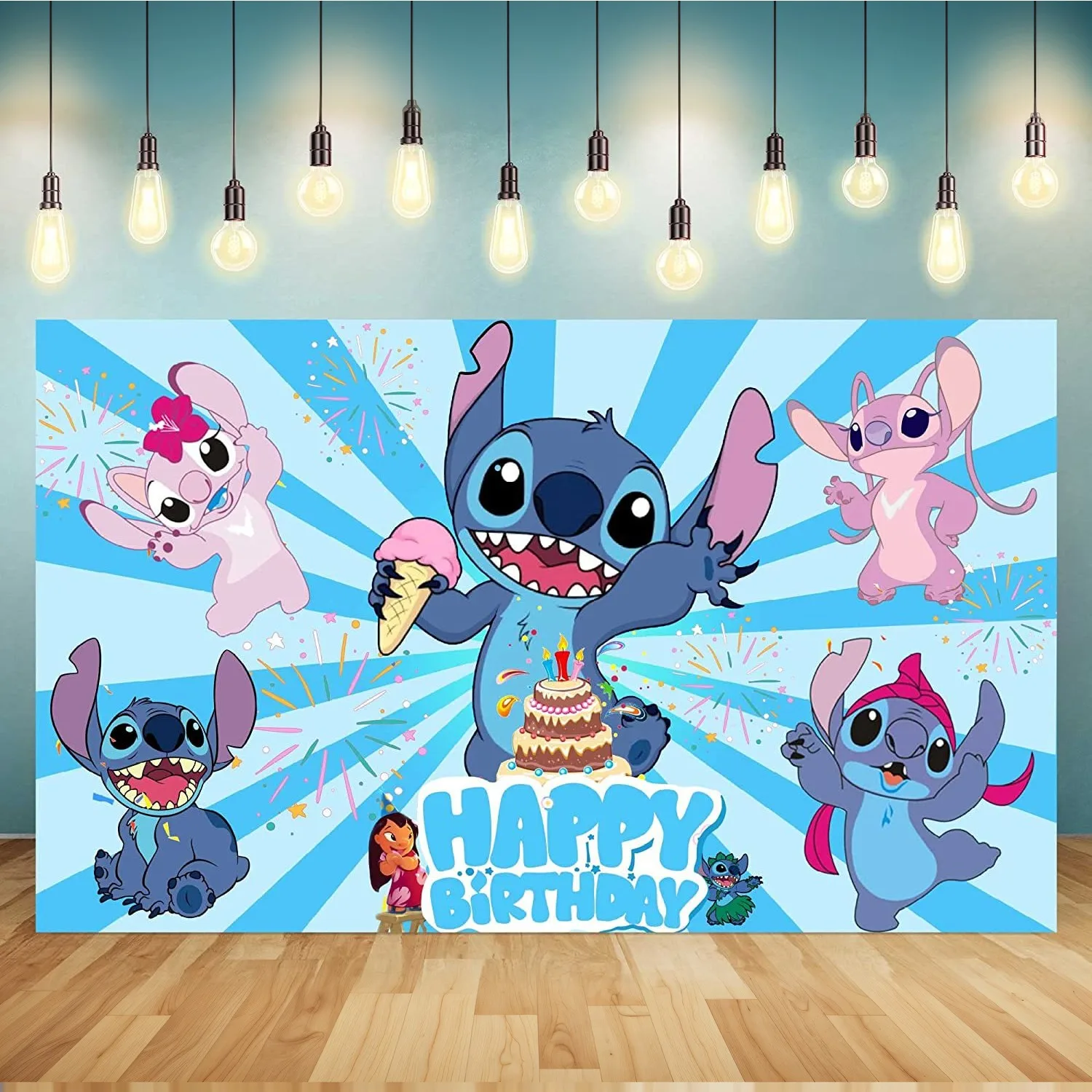 Anime Stitch Lilo Party Backdrops Children\'s Happy Birthday Background Cartoon Hanging Banner Kid Room Ornament Wall Decoration