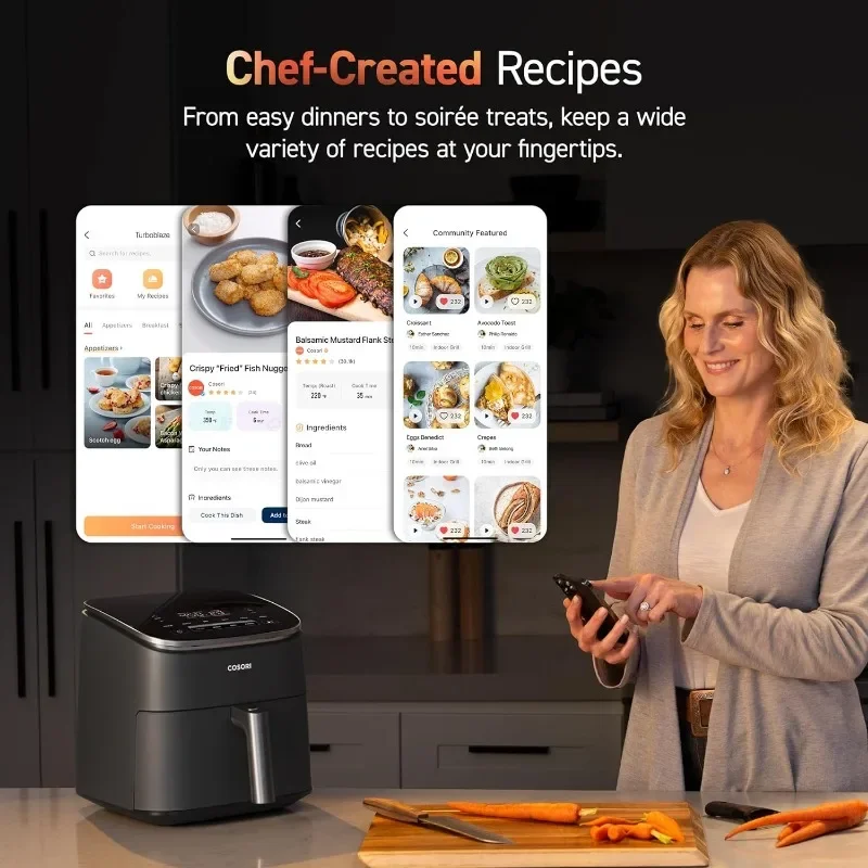 Аэрофритюрница COSORI TurboBlaze Компактная аэрофритюрница емкостью 6,0 литра, которая запекает, запекает, устойчив, 9 функций, 5 скоростей курят быстрых 95% меньше масла