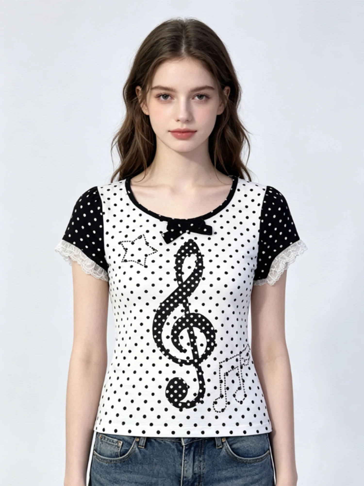 Women's Black White Polka Dot Musical Note Print Short Sleeve T-shirt Y2K Gyaru Vintage Rock Subculture Bow Crop Tee Top Summer