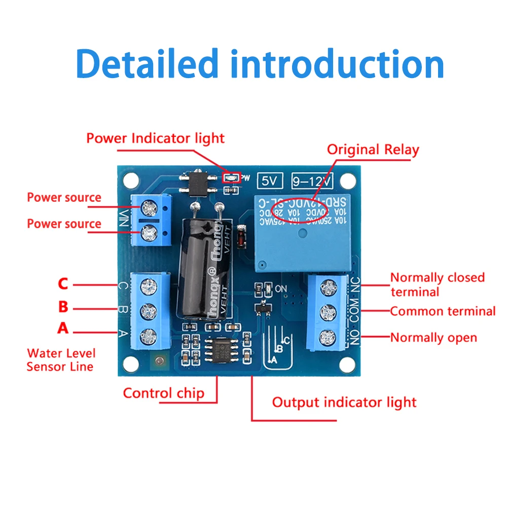 DC 5V 12V Automatic Water Level Controller Module Solenoid Valve Motor Pump Water Tank Control Relay Liquid Sensor Switch NE555