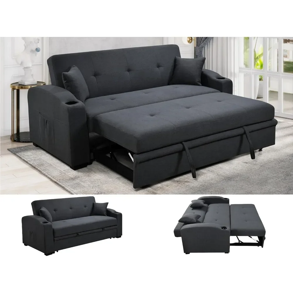 

75'' Convertible Queen Size Sleeper Sofa Bed with Cup Holders, Modern Linen Loveseat Sofa Couch with Pull Out Bed and Adjustable
