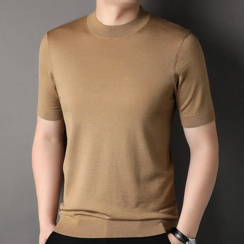 Worsted Mercerized Men Summer Short Sleeves T-shirt Versatile Fashion Male Clothing Half Turtleneck Casual Basic Knitted Tops