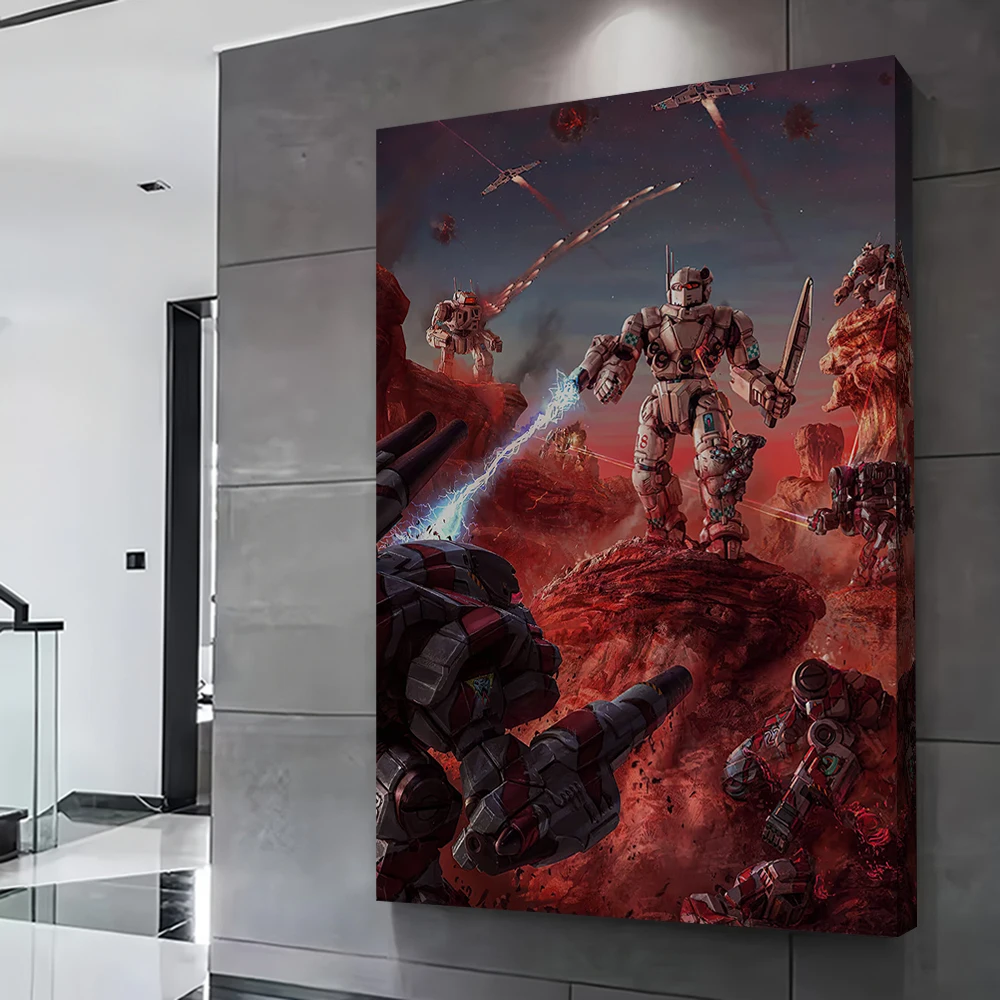 Battletech Mechs Battle on Red Planet Printed Poster Customizable Pictures Wall Art Canvas Painting for Decoration Gaming Room