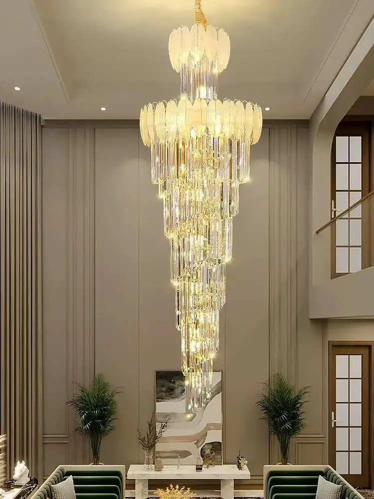 Creative White Feather Staircase Rotating Long Chandelier Modern Villa Luxury High Ceiling Living Room Clean Crystal Large Lamp