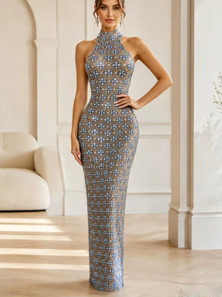 High Quality Rhinestone Sexy Neck Hanging Elastic Dress 2026 New Fashionable Custom Women'S Clothing