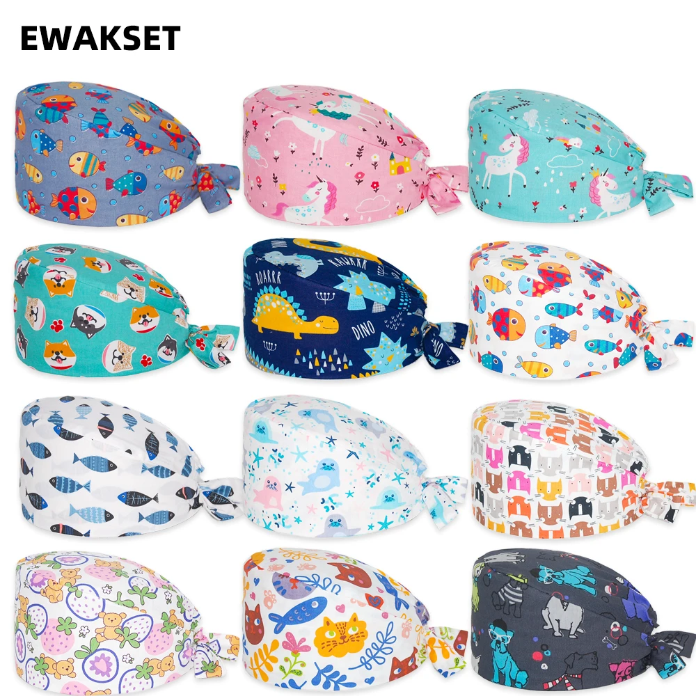 قبعة جراحية طبية للرجال والنساء ، قبعة طبيب ، قبعة جراحية مطبوعة ، قبعات صالون تجميل الأسنان ، قبعات فرك غرفة العمليات ، طاه قطن