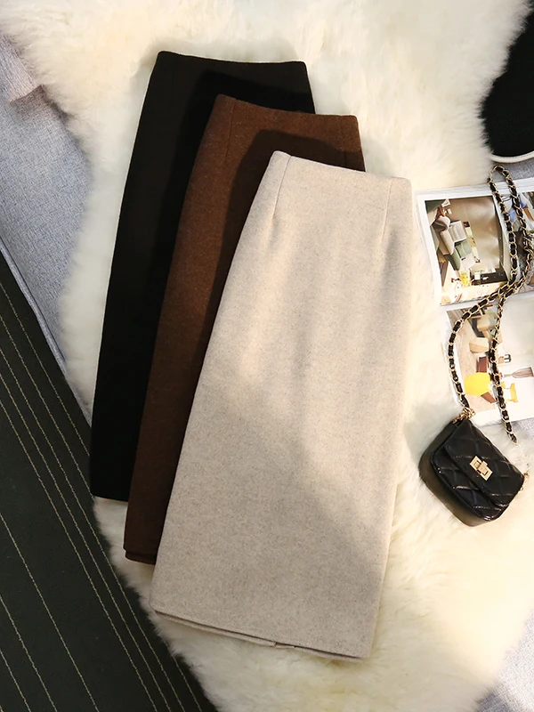 تنورة صوفية قصيرة بنية اللون عالية الخصر للنساء، تنورة خريفية وشتوية على شكل حرف A مع شق، تنورة كورية الطراز للعمل