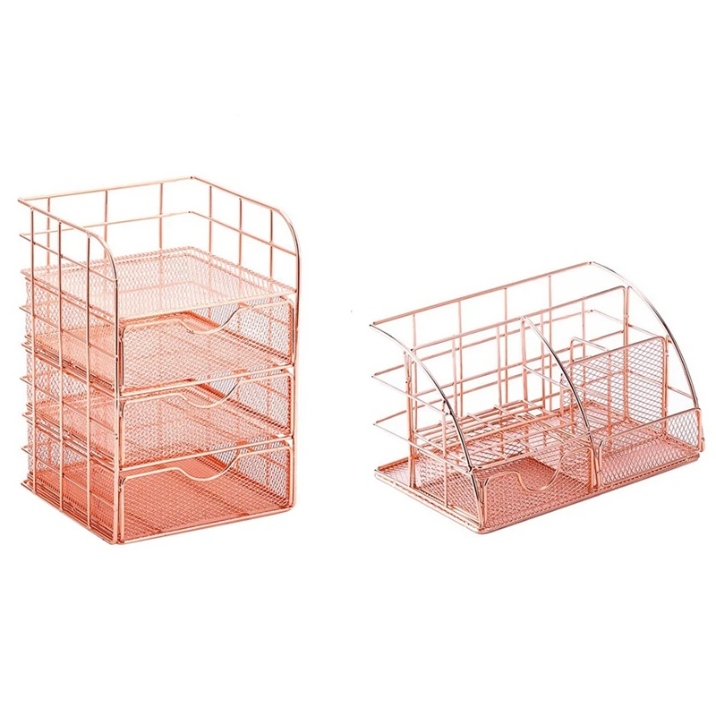 2 Pcs Rose Gold Desk Storage Box Creative Desktop Shelf With Drawer And Metal Mesh Pen Holder For Office School And Home