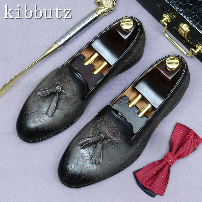 

Men Cow Leather Business Shoes Retro Low Top Carving Tassel Slip On Derby Shoes Handmade Formal Dress Oxford Shoes