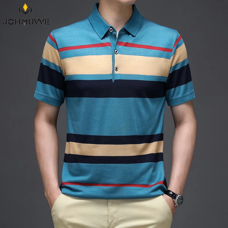 2024 Summer New Men\'s Knitted Stripe Short Sleeved POLO Shirt Comfortable and Cool Casual Fashion T-shirt