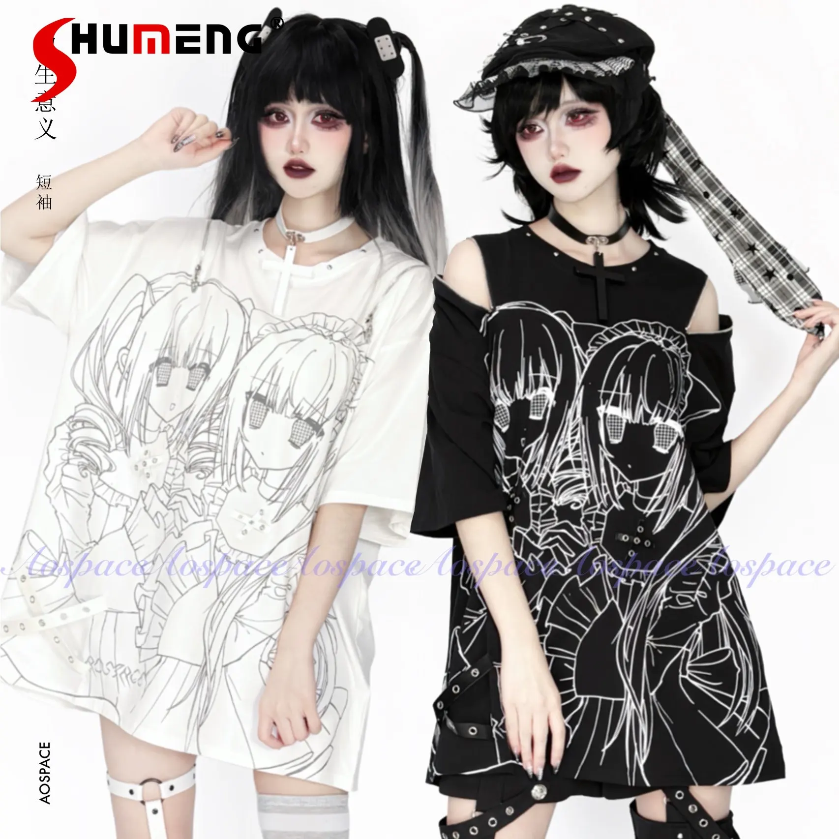 

Original Subculture Sweet Cool Off-Shoulder Short Sleeve T-Shirt Summer Girls Students Loose Cartoon Print Y2K Top Punk Clothes