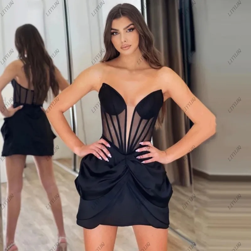 

LIYYLHQ Sexy Black Mini Cocktai Dresses Strapless Sleeveless Evening Dress Lace-up Satin Night Club Party Gowns Robe De Soirée