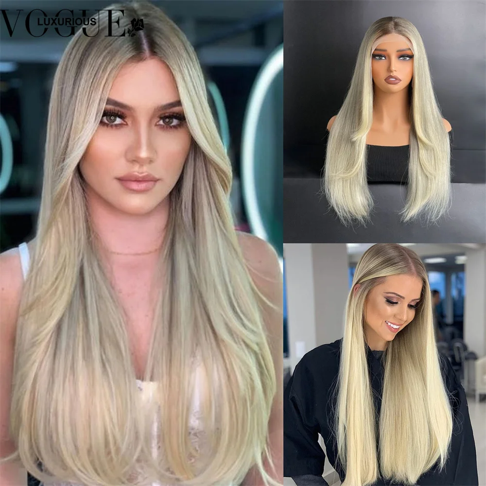 

Balayage Layered Ash Blonde 13x6 Lace Front Wigs Human Hair Ombre Hightlight Straight Remy Human Hair Wig Pre Plucked Bye Knots