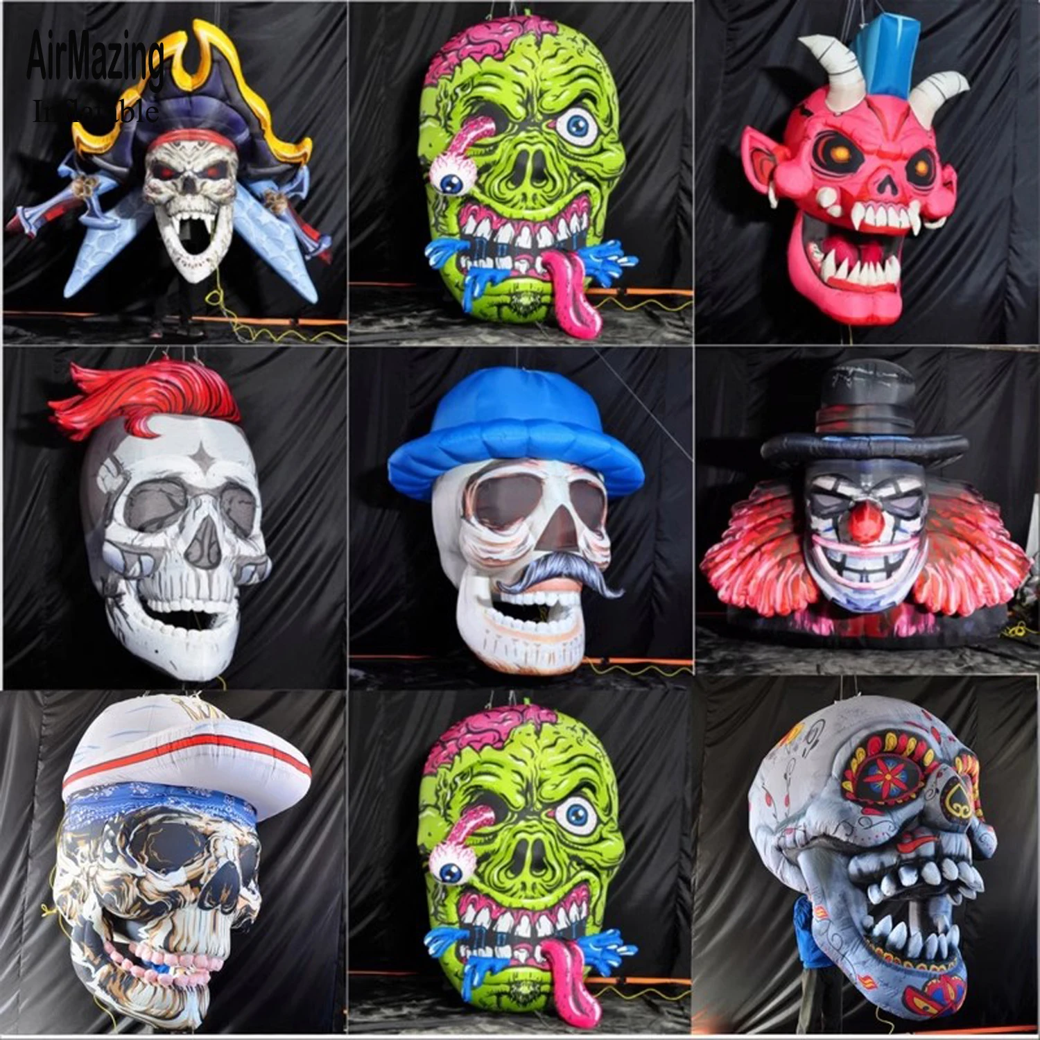 Tête de Mort Gonflable Horrible avec Motifs, Modules de Cour Extérieure, Décoration d'Halloween