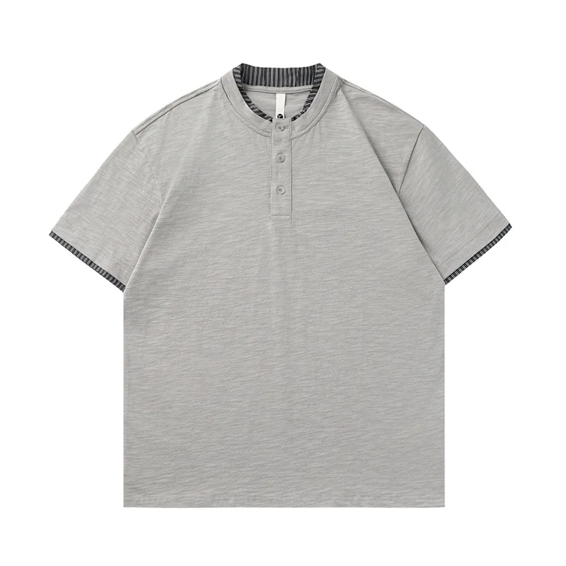 2026 Summer New Fake Two-piece Splicing Contrasting Color Short-sleeved Henry Collar T-shirt Loose and Casual